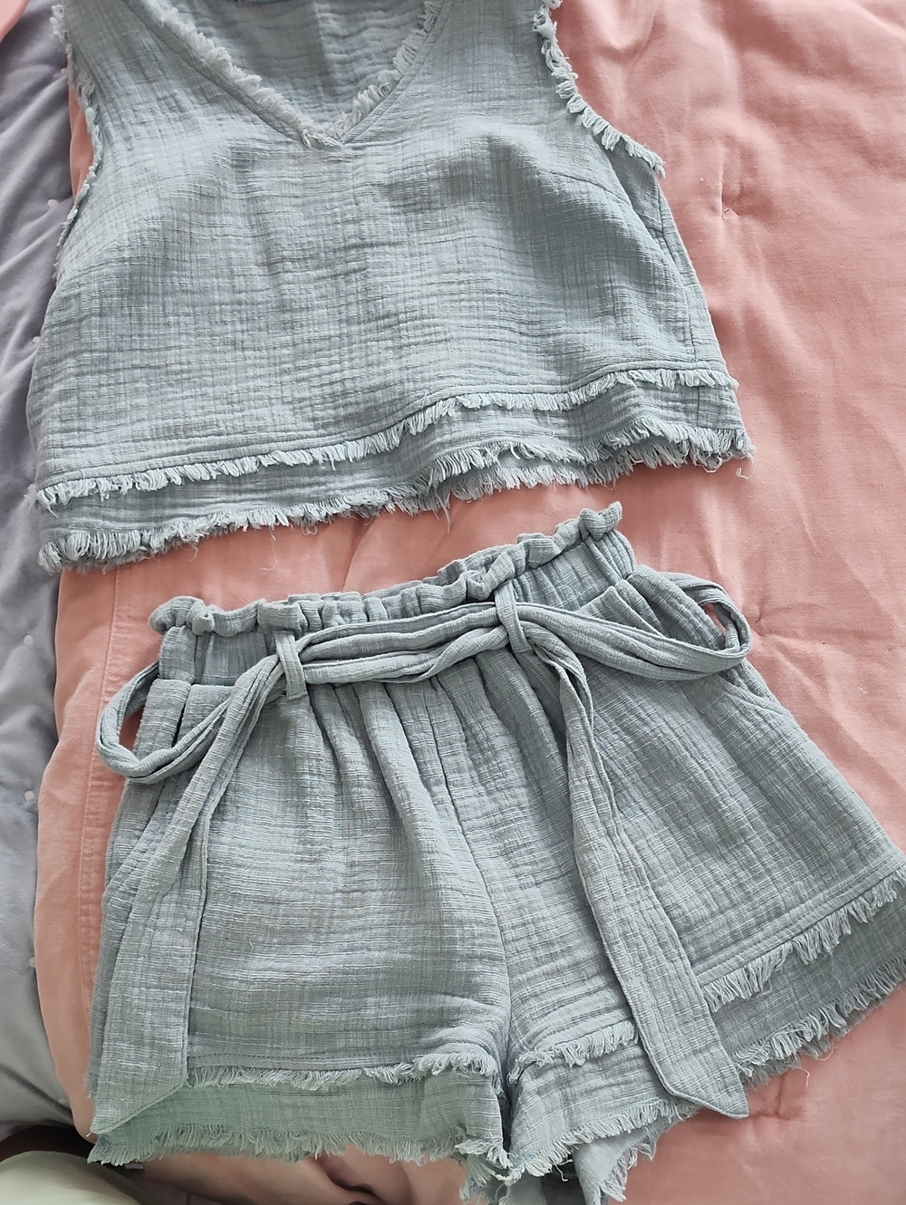 Pale Green Women's Paperbag Waist Shorts With Matching Top